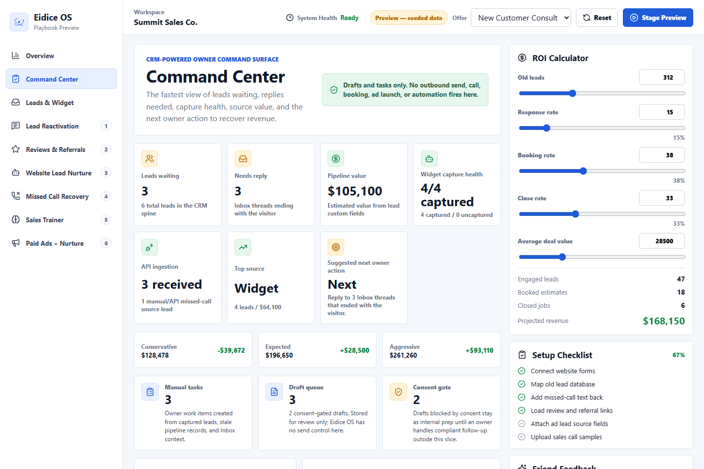 Eidice OS command center and CRM context preview